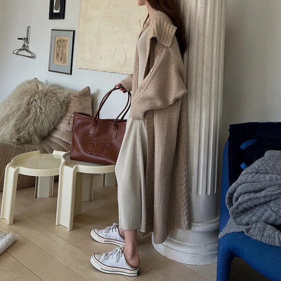 148. Maxi oversized Tan beige Cardigan Sweater Chunky Long Cable Rib Duster - Picture 12 of 12